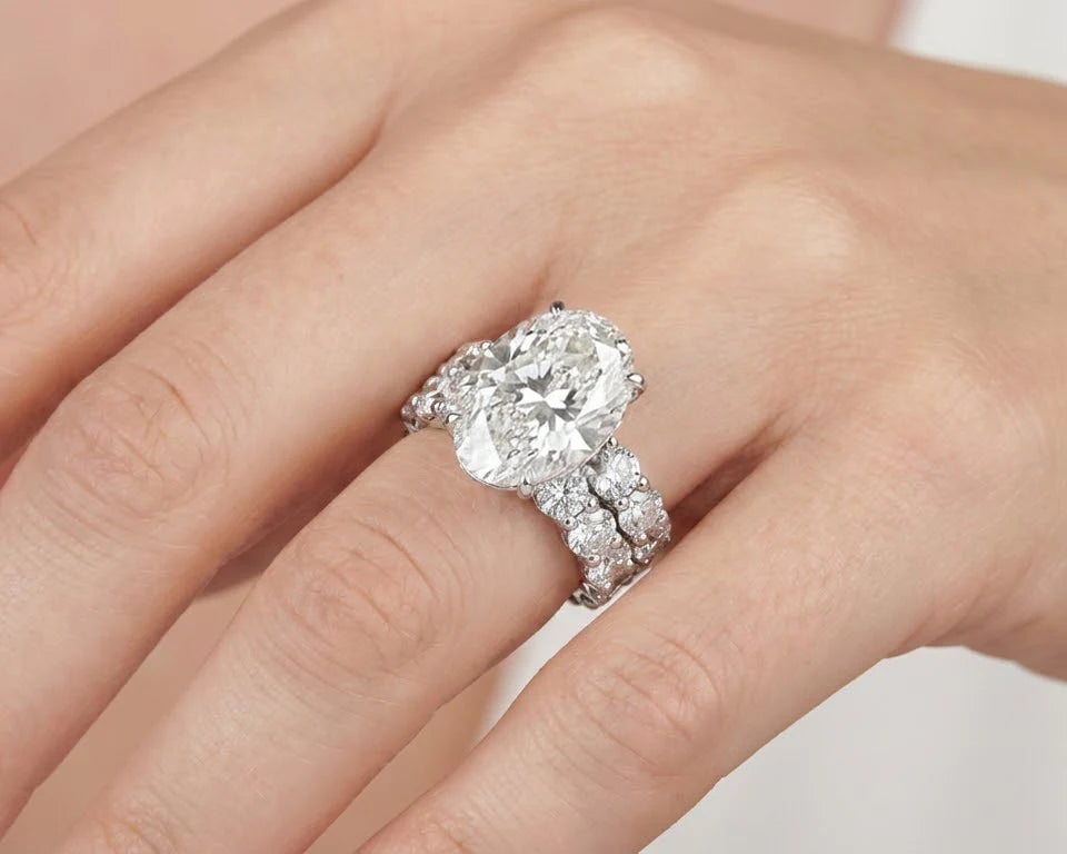 14k Gold Diamond Oval Double Row Band Engagement Ring Set 12.3ct