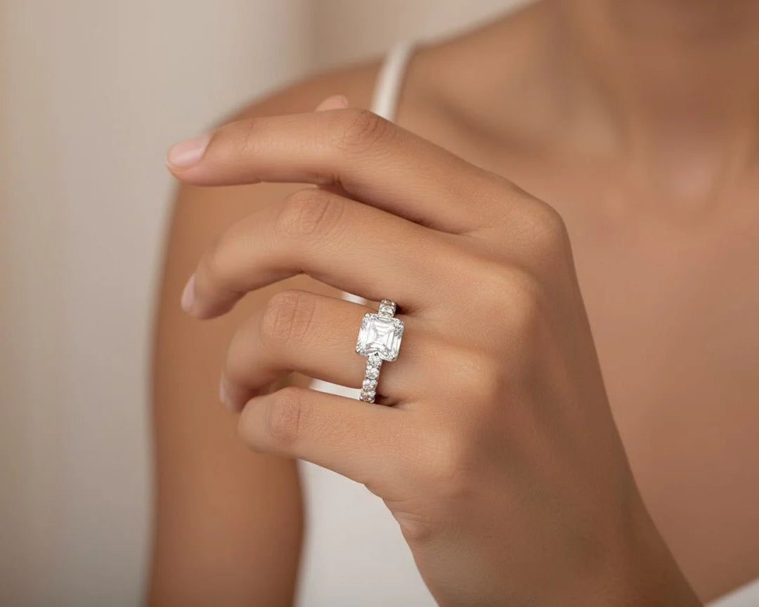 14k Emerald Cut Elevated Micropavé Diamond Band Engagement Ring 2.90ct