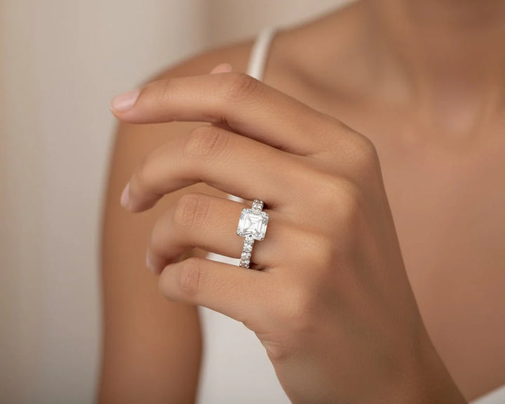 14k Emerald Cut Elevated Micropavé Diamond Band Engagement Ring 2.90ct