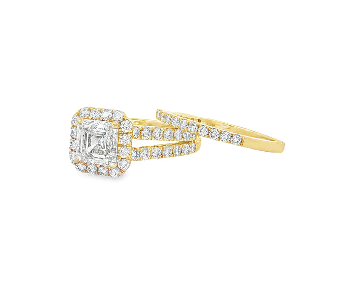 14k Emerald-Cut Halo Diamond Ring Set with Split Shank 2.75 CT