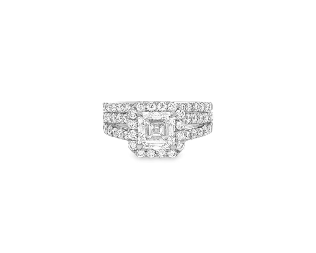 14k Emerald-Cut Halo Diamond Ring Set with Split Shank 2.75 CT