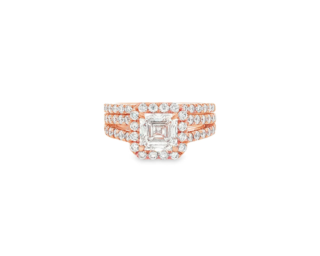 14k Emerald-Cut Halo Diamond Ring Set with Split Shank 2.75 CT