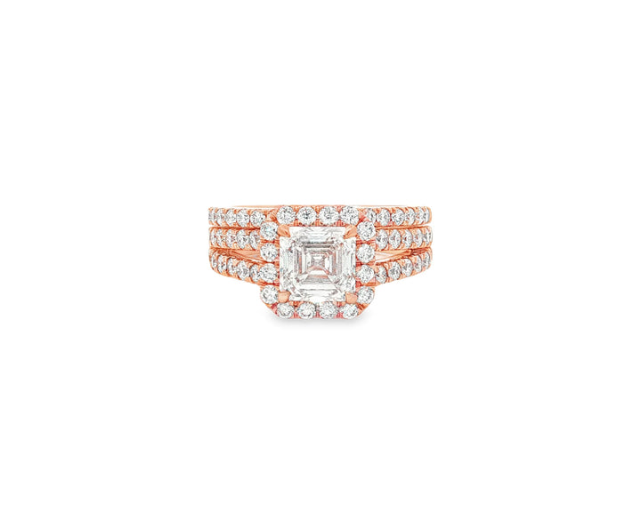 14k Emerald-Cut Halo Diamond Ring Set with Split Shank 2.75 CT