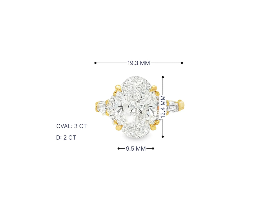 14k Gold Diamond Ring with Oval Center & Three-Stone Design 4.68ct