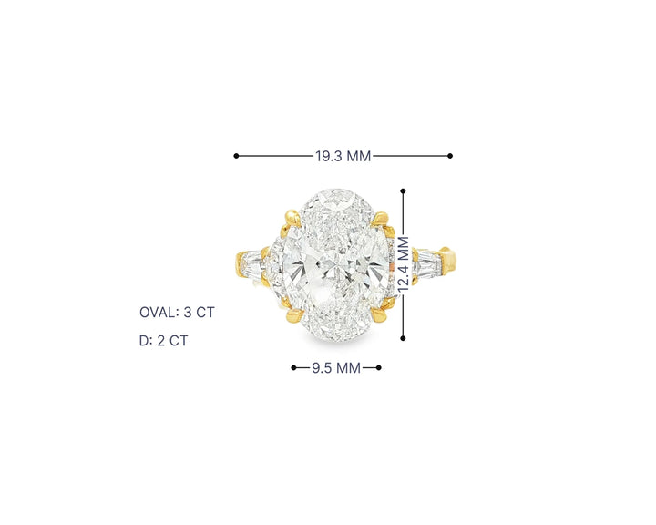 14k Gold Diamond Ring with Oval Center & Three-Stone Design 4.68ct