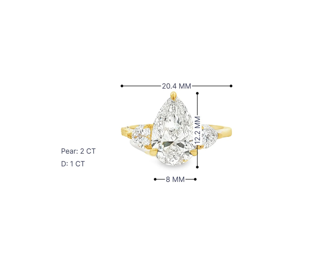 14k Gold Diamond Ring with Pear-Shaped Center & Side Accents 2.95ct