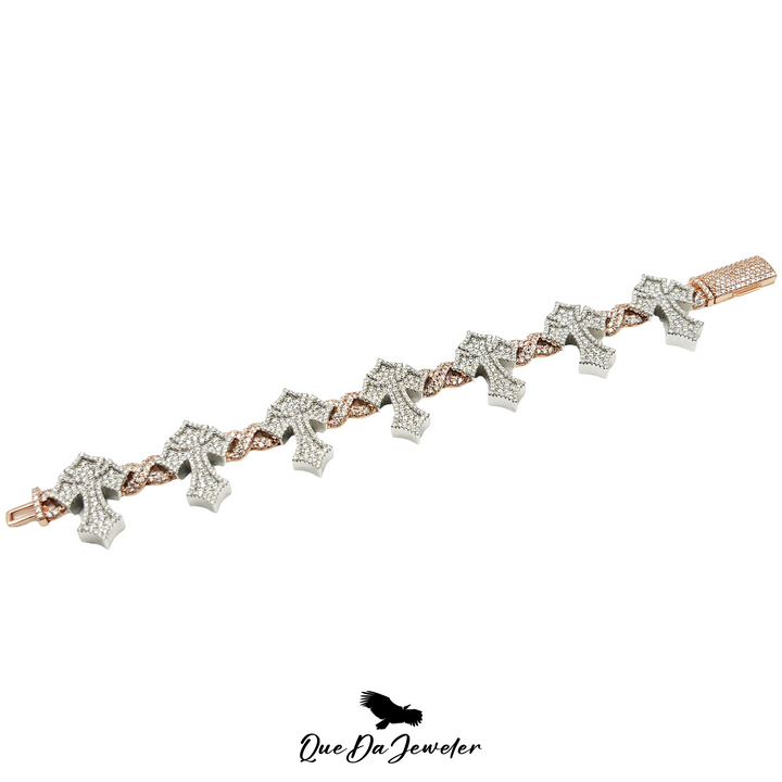 13MM Cross Infinity Bracelet VVS Lab Stones, Two Tone White Gold / Rose Gold