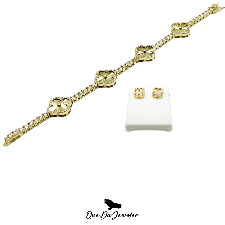 Clover Bracelet & Clover Stud Earring VVS Lab Stones .925