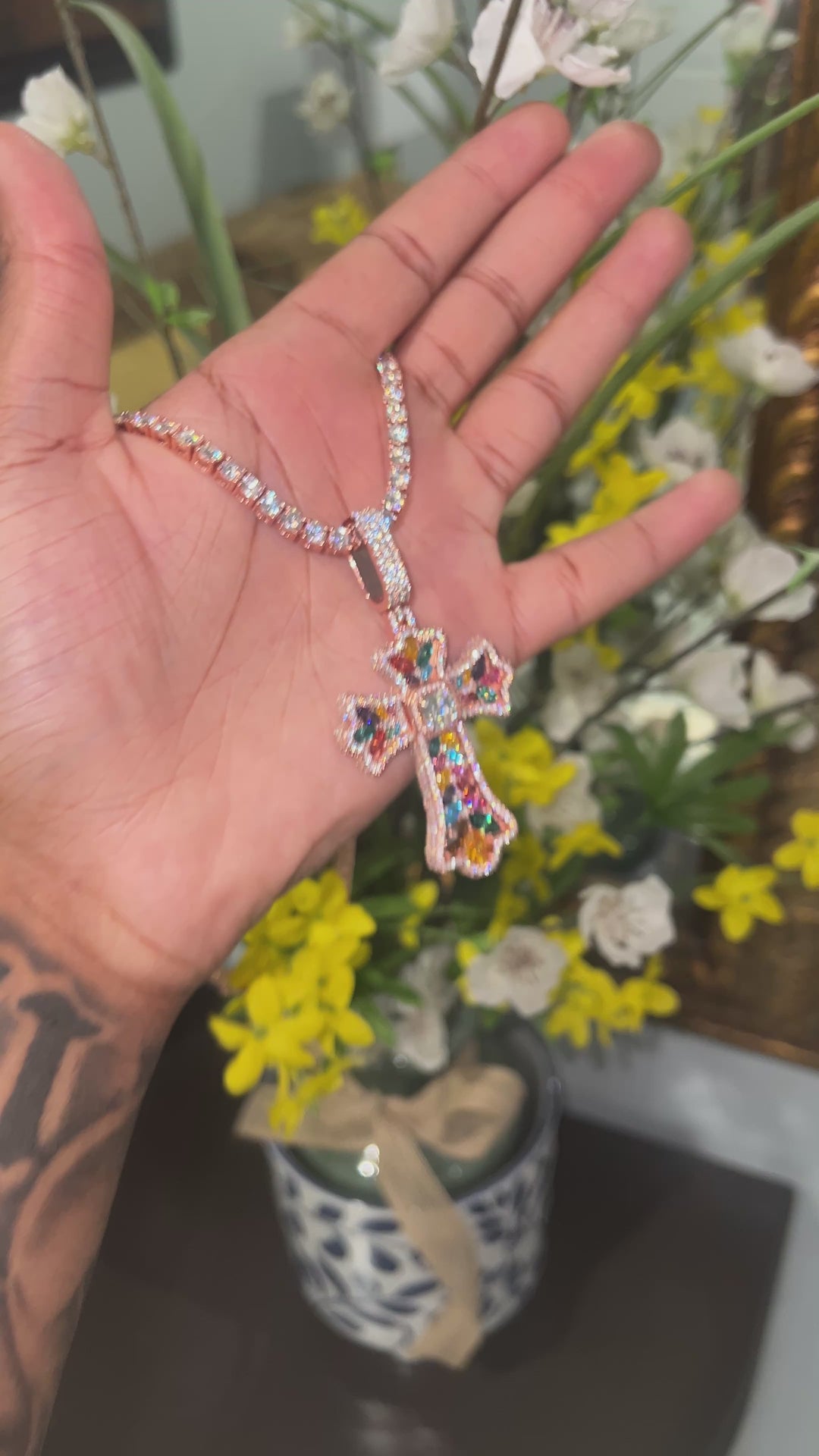Colorful Cross Pendant & Tennis Chain Combo