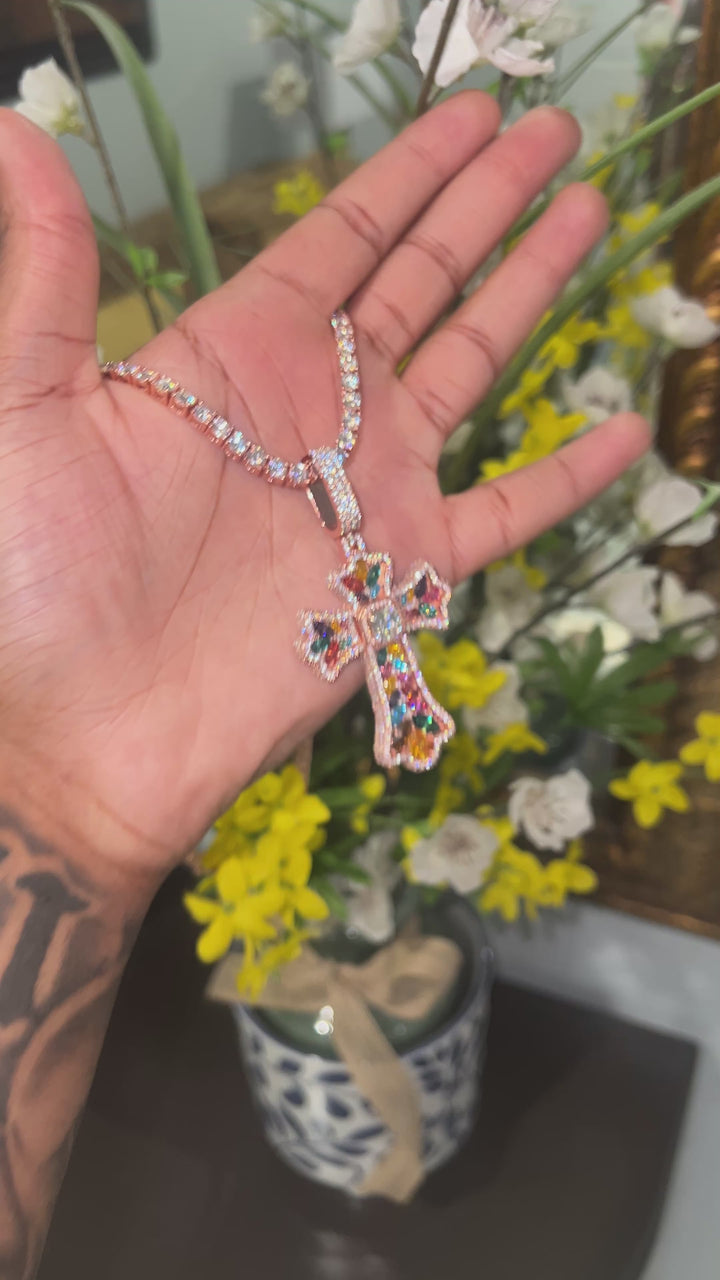 Colorful Cross Pendant & Tennis Chain Combo