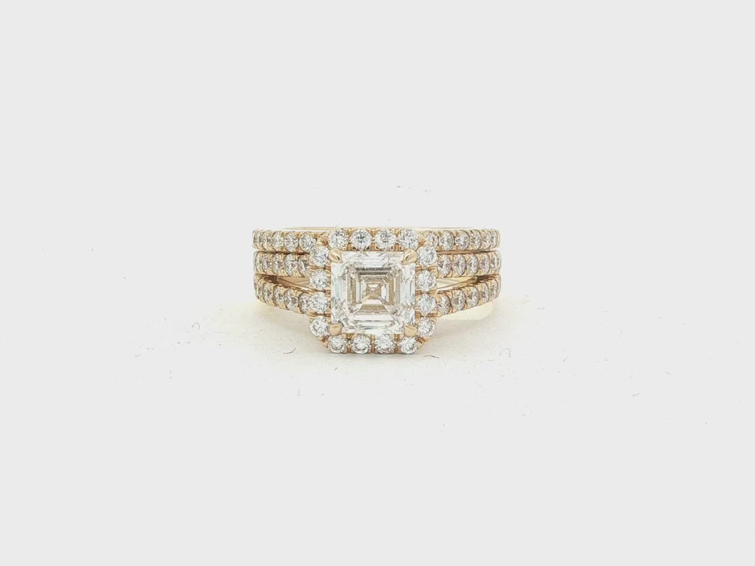 14k Emerald-Cut Halo Diamond Ring Set with Split Shank 2.75 CT