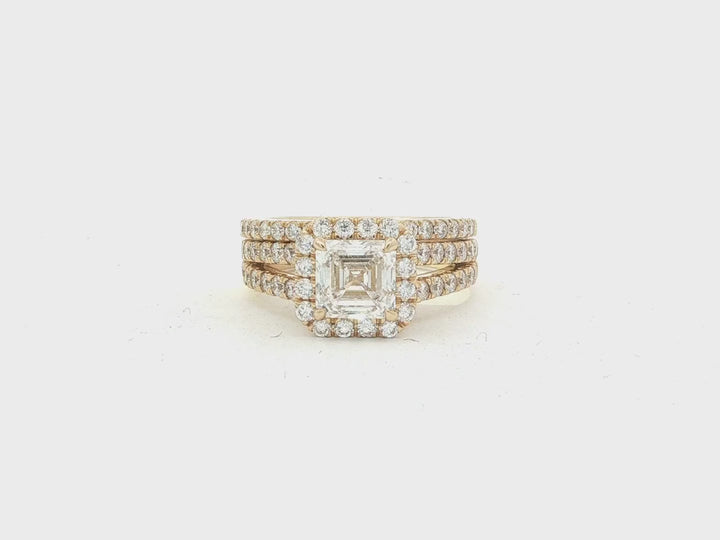 14k Emerald-Cut Halo Diamond Ring Set with Split Shank 2.75 CT